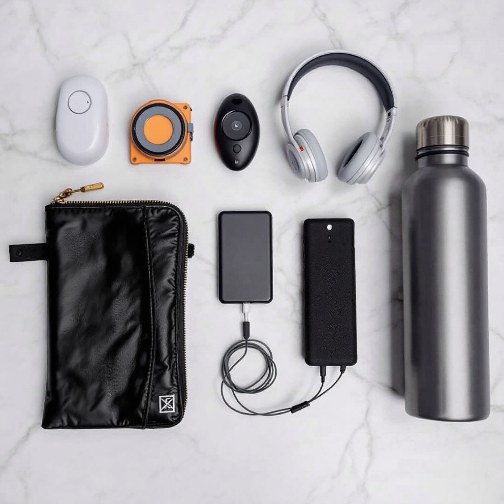 Lightweight safety and tech essentials: door stop alarm, RFID wallet, headphones, portable charger, reusable bottle—must-haves for solo travel. Image created with AI.
