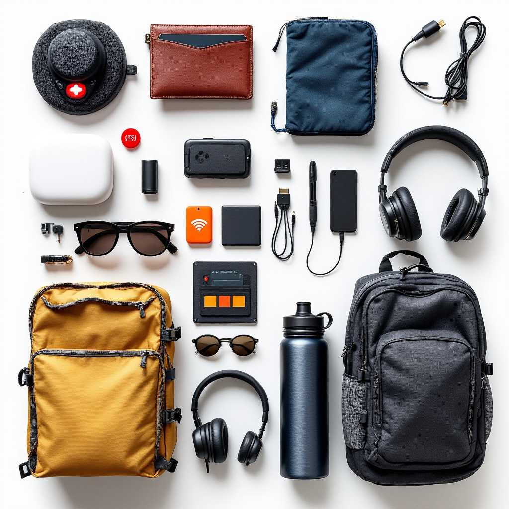 Safety and tech essentials for solo travel: door stop alarm, anti-theft bag, RFID wallet, portable charger, reusable water bottle, headphones, and daypack. Alt text: Safety essentials for minimalist solo-female packing list 2025.