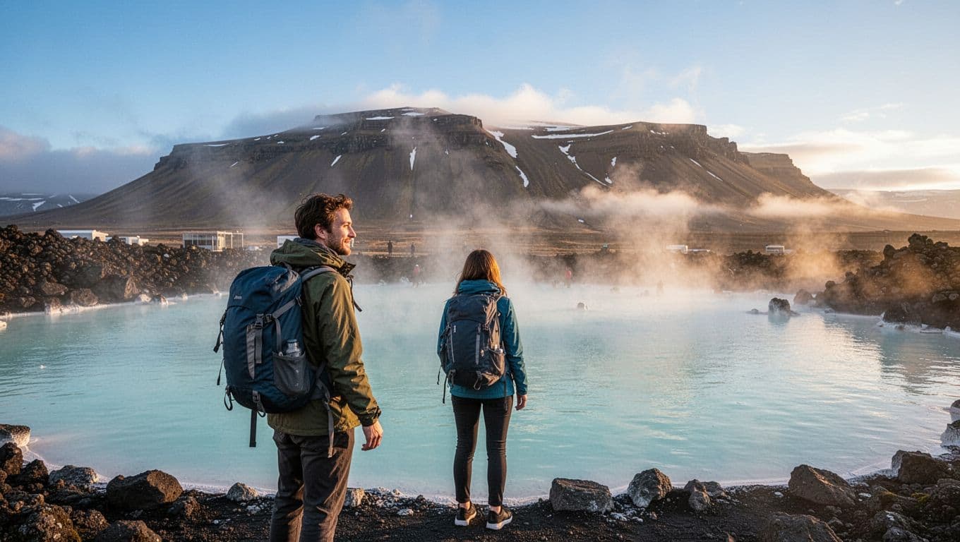 Traveler relaxing at Blue Lagoon geothermal spa in Reykjavik during stopover