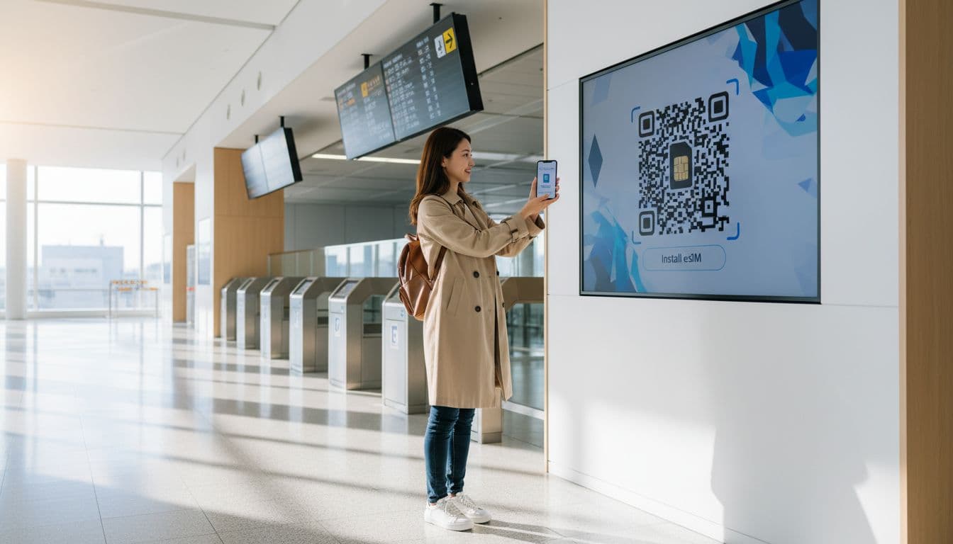 A solo traveler holds a smartphone to scan a QR code for eSIM installation at a modern Japanese airport