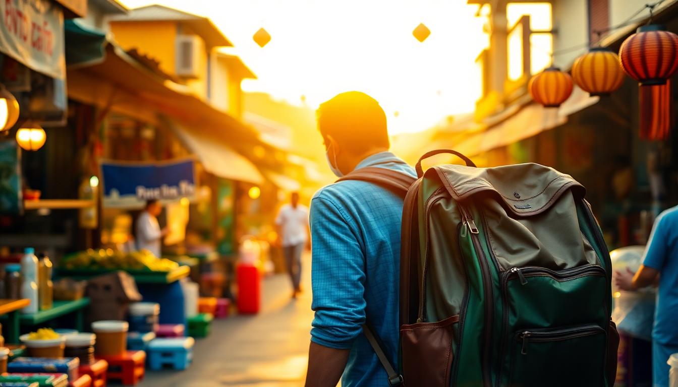 Backpacker with a 40L pack stopping at a vibrant street vendor in Southeast Asia, bustling market behind, morning light.