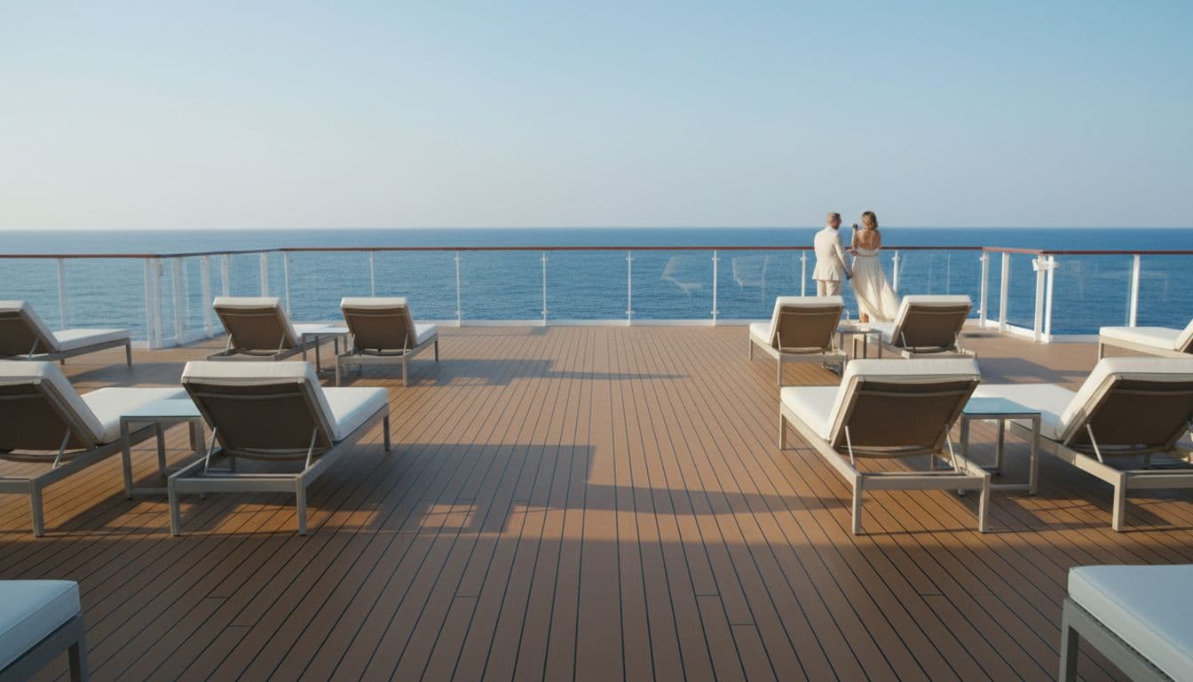 Spacious luxury cruise ship deck with ocean view