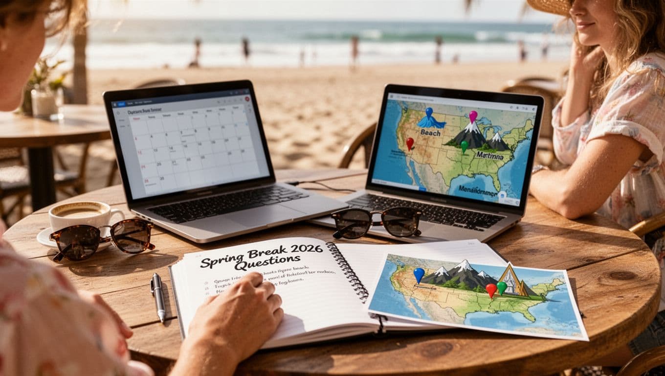A relaxed traveler in casual spring attire sits at a sunny outdoor wooden cafe table with a notebook open to 'Spring Break 2026 Questions', surrounded by a laptop displaying a calendar, coffee cup, sunglasses, and a US map with pins on beach and mountain spots. Photorealistic serene scene with warm natural light and blurred beach background.