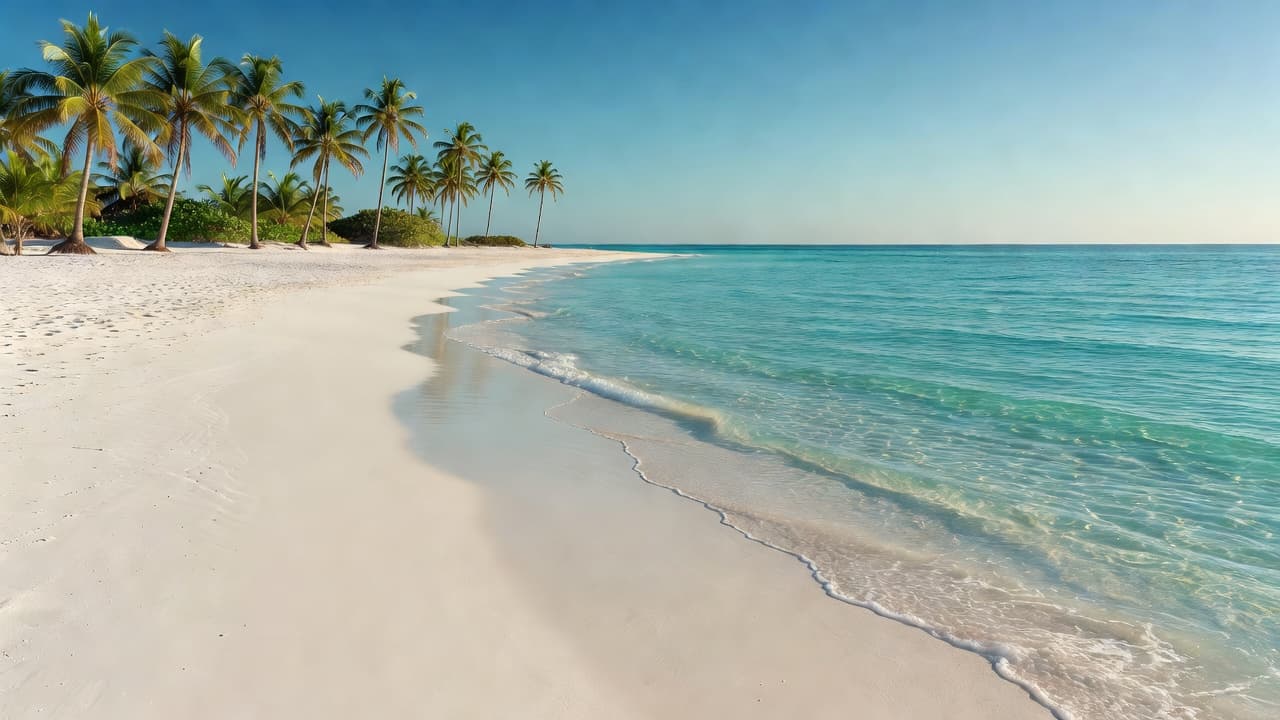 Turquoise ocean waves wash gently against a wide pristine white sand beach in St. Croix with lush green palm trees swaying softly in the background under a clear bright blue sky.