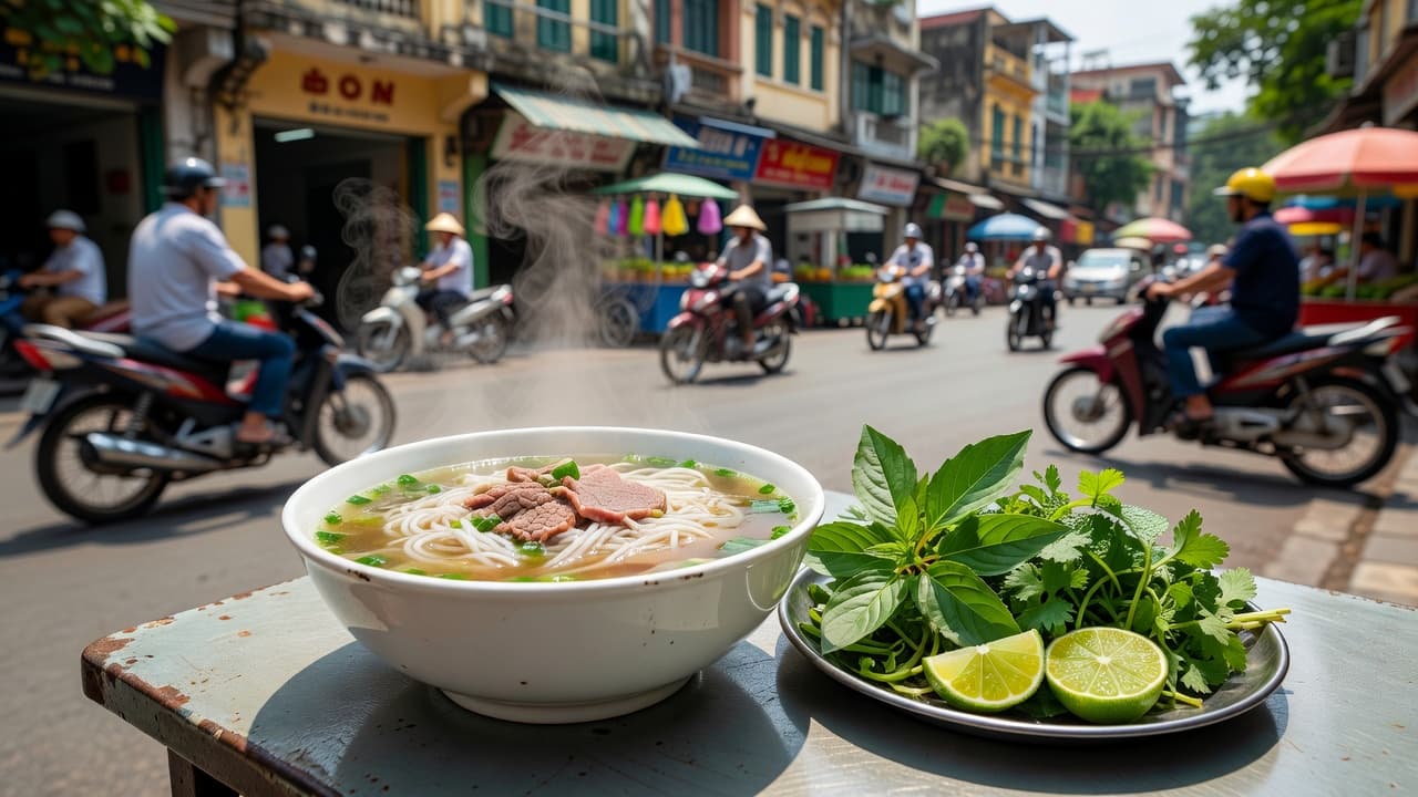 A steaming ceramic bowl of traditional beef pho sits on a weathered metal table alongside fresh green herbs and lime slices with vibrant Hanoi street life in the background.