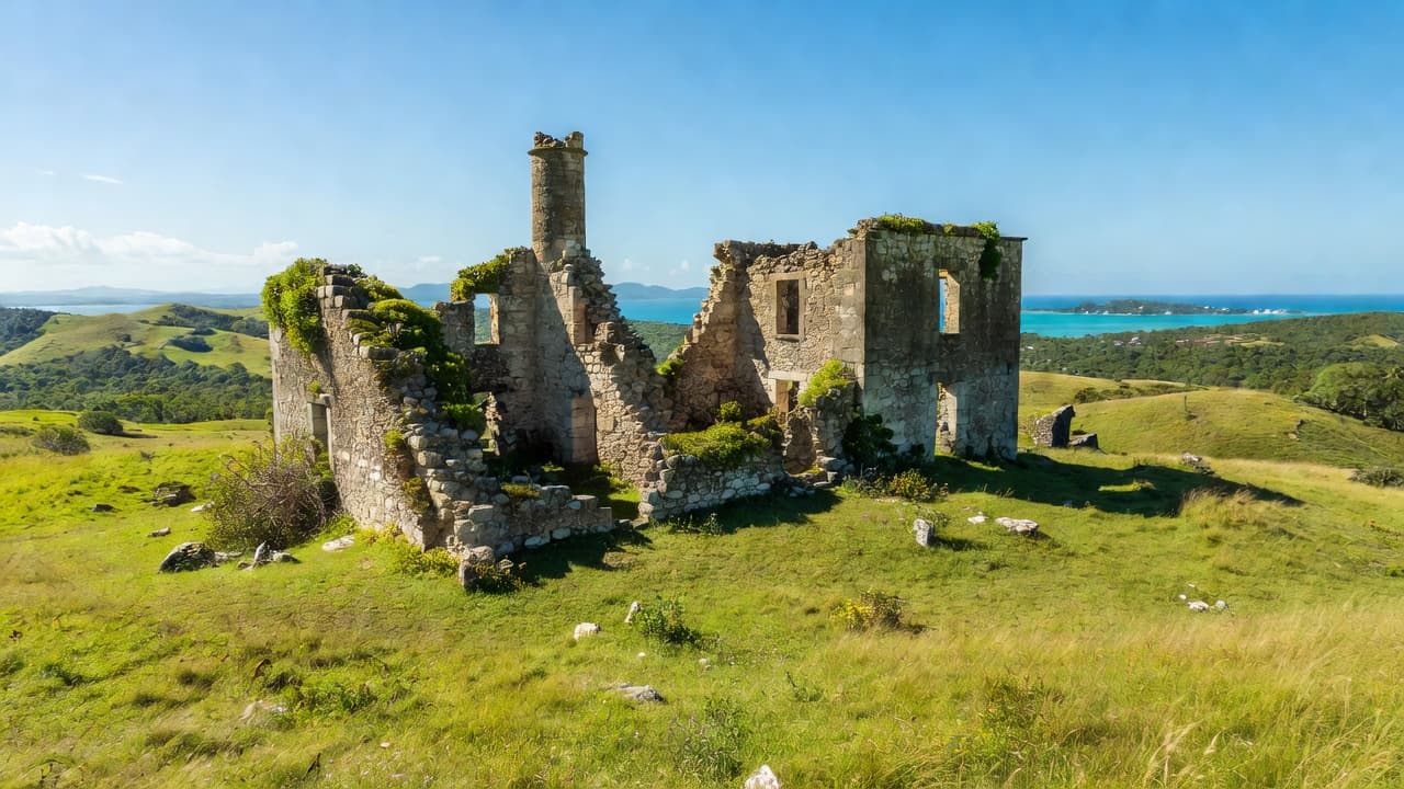 Weathered stone walls of an abandoned sugar mill stand on a vibrant green hillside with distant blue ocean waves meeting the horizon under a clear sky.