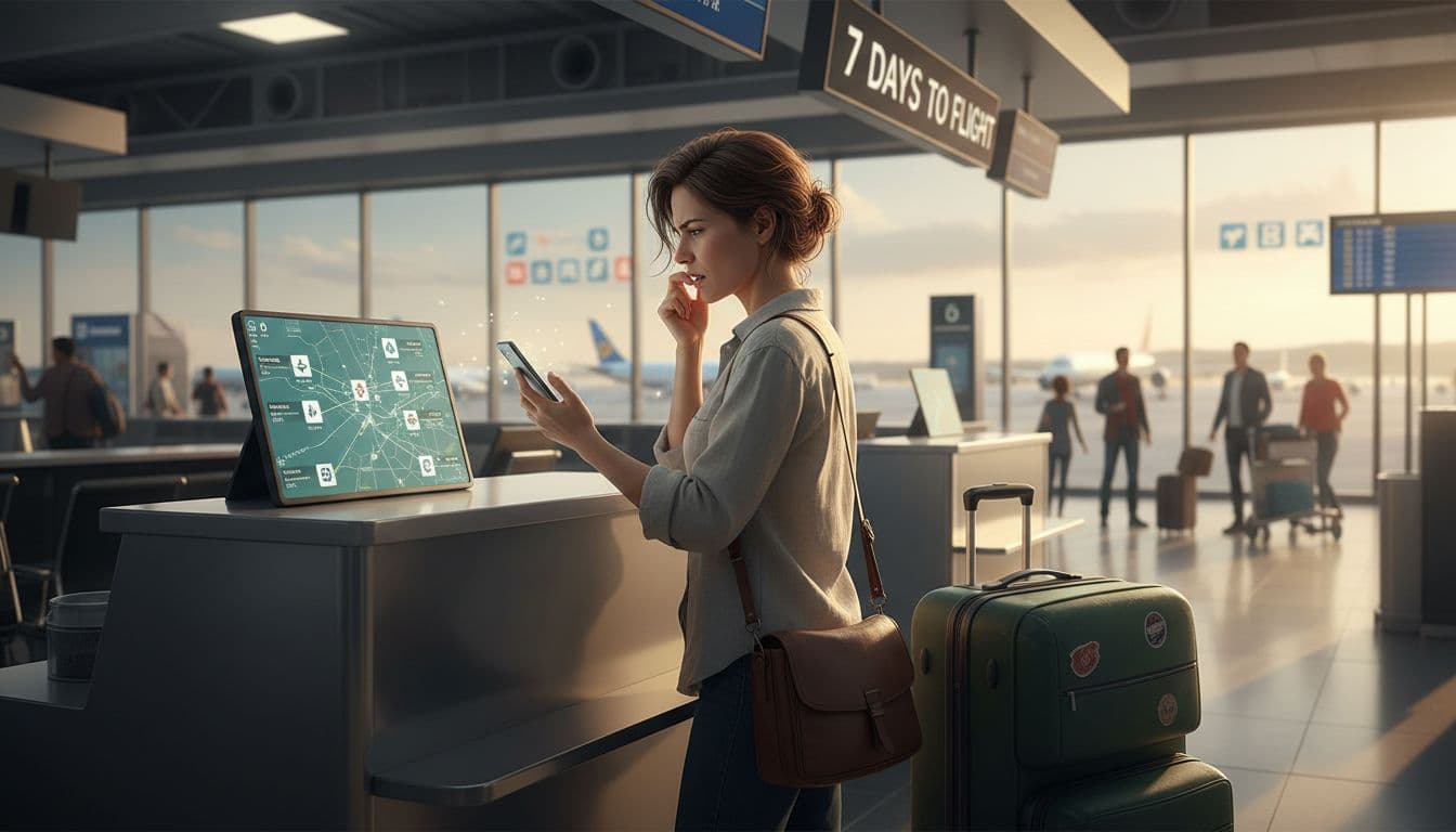 A stressed traveler at an airport check-in counter anxiously views last-minute flight options on their phone, with a suitcase nearby and a clock showing 7 days to flight in a busy terminal.