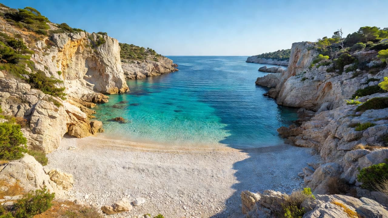 Sunlight illuminates a pristine white pebble beach nestled between jagged limestone cliffs with crystal clear turquoise waters shimmering under a bright summer sky.