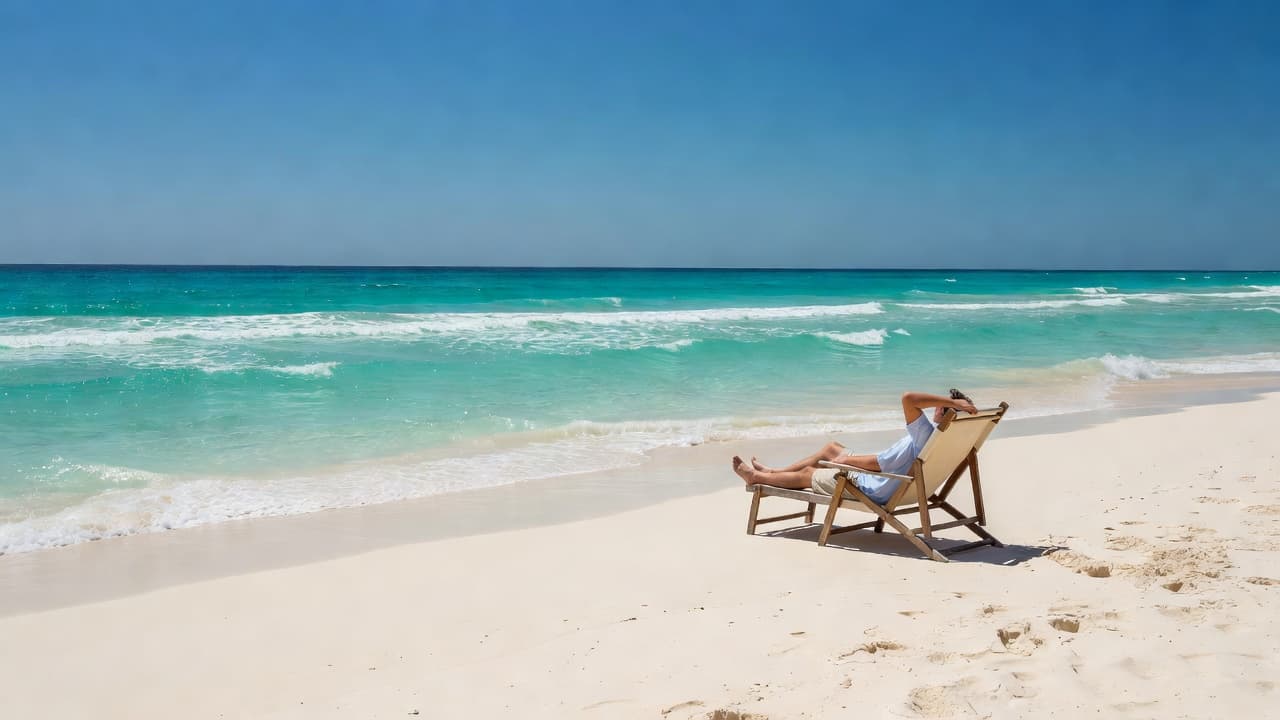A single person relaxes on a lounge chair upon white sand, gazing toward turquoise ocean waves under a clear vibrant blue sky in Cancun Mexico.