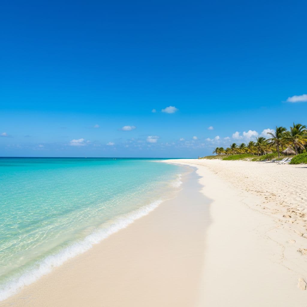 A tranquil stretch of white sand meets clear turquoise water under a bright blue sky.