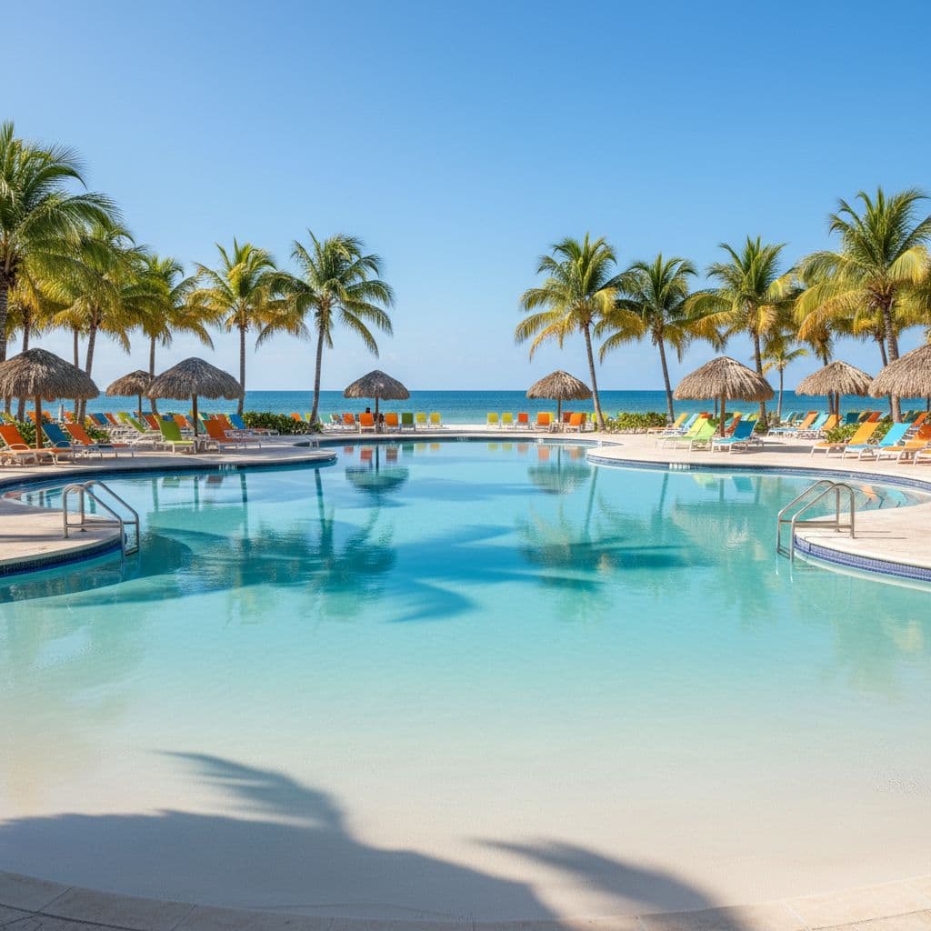 A shallow zero-entry pool for toddlers with vibrant lounge chairs nearby, tall palm trees framing the turquoise ocean view beyond resort grounds.