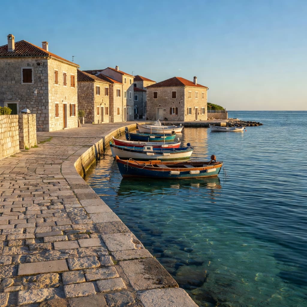 Ancient stone buildings line the edge of a crystal clear harbor filled with small wooden fishing boats with warm golden afternoon sunlight reflecting off calm blue Adriatic water.