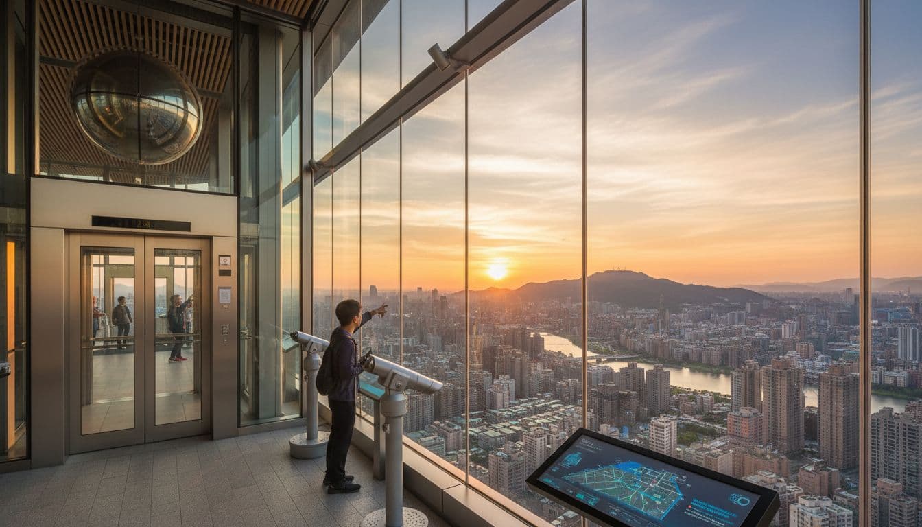 Taipei 101 observatory deck at sunset with panoramic skyline
