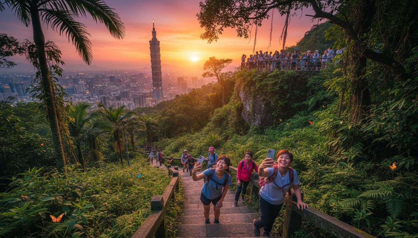 Elephant Mountain trail overlooking Taipei 101 at sunset