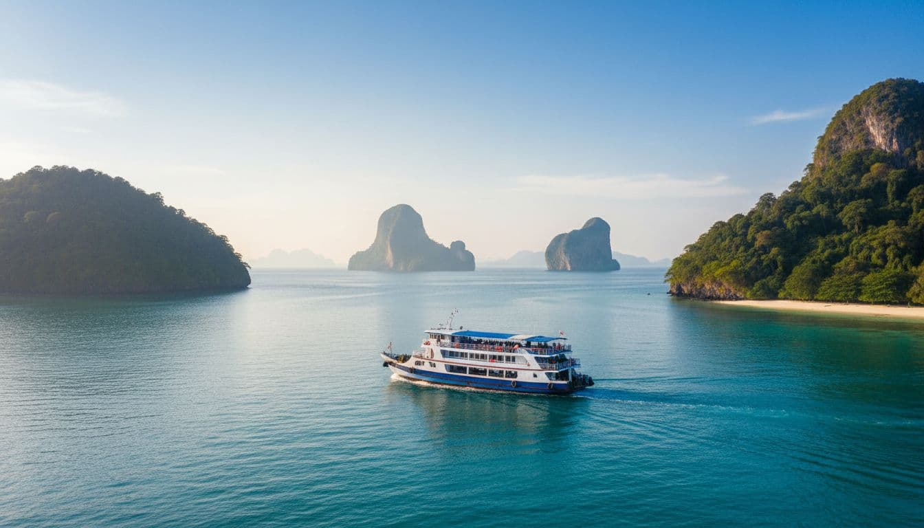 Ferry boat crosses between tropical islands with white sand beaches, clear blue water, and distant limestone karsts.