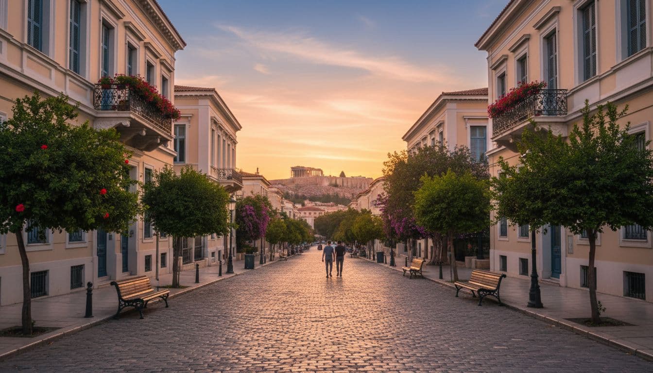 Pedestrian street in Thiseio with Acropolis view at dusk