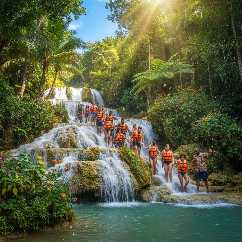 Tourists climbing Dunn’s River Falls in Jamaica with turquoise water and lush greenery