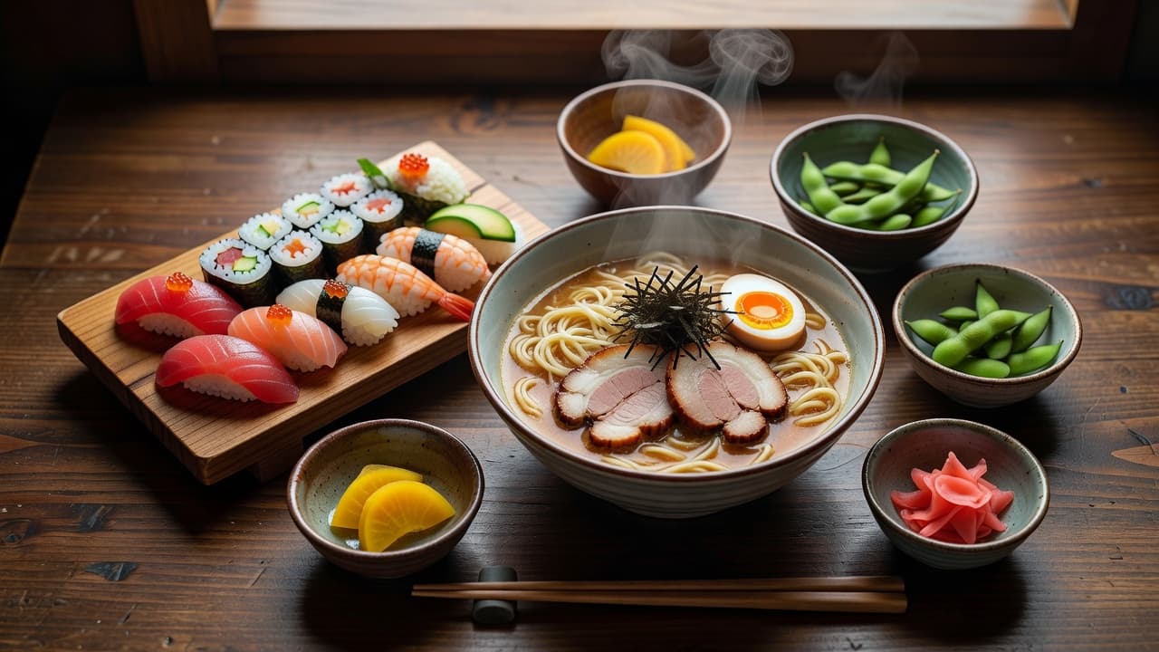 A top-down view shows vibrant sushi rolls, a steaming bowl of ramen, and assorted small side dishes arranged on a rustic wooden table with soft natural light.