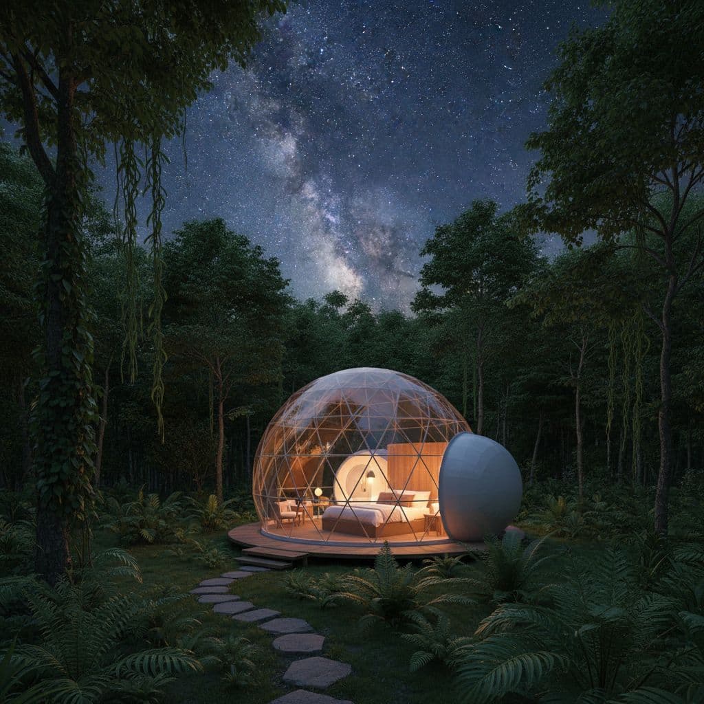 A glowing transparent bubble dome sits within a lush tropical jungle clearing at dusk.