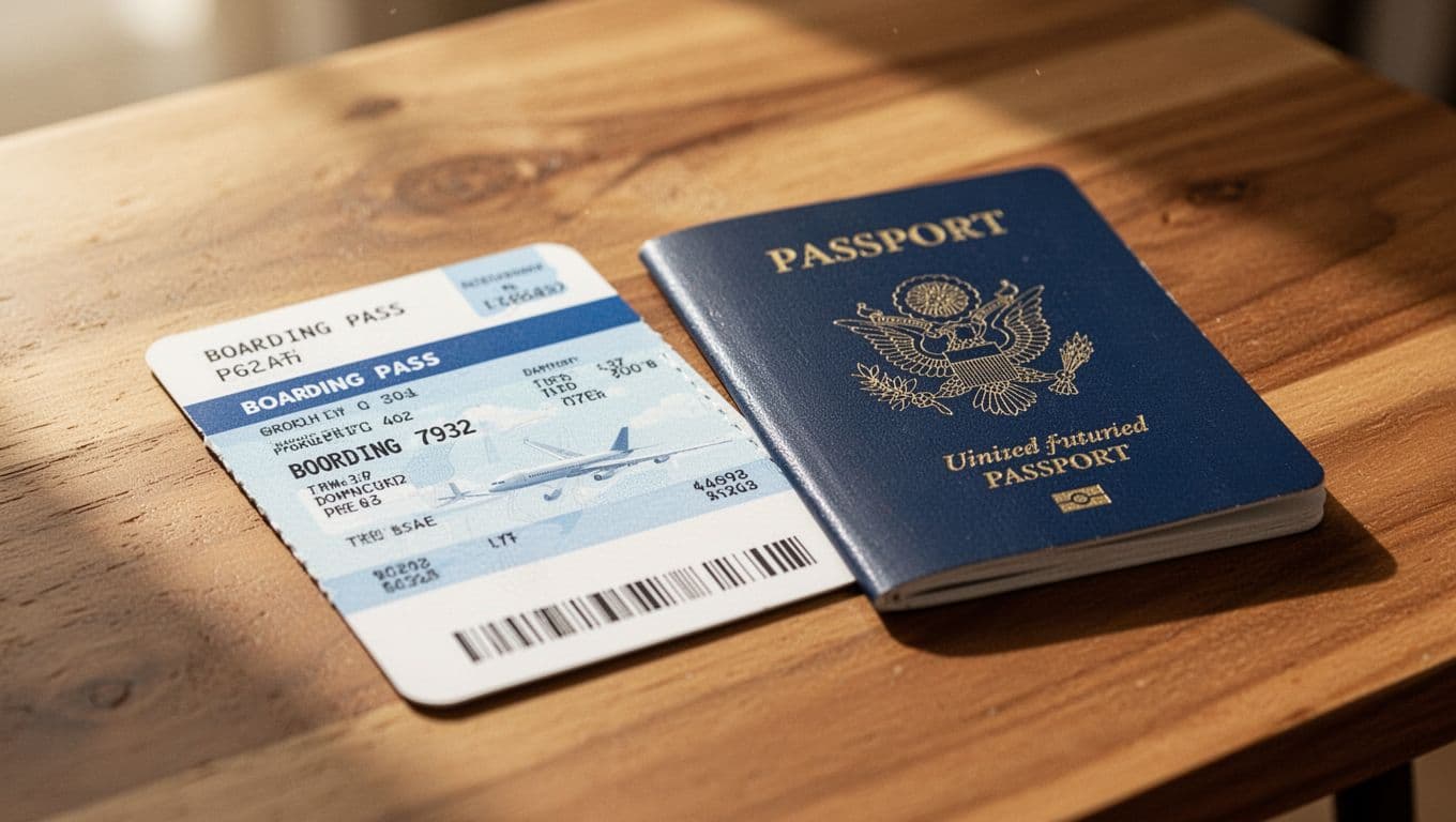 A close up view shows a paper boarding pass resting on a rustic wooden table beside a closed passport with warm morning light spilling across the textured surface.