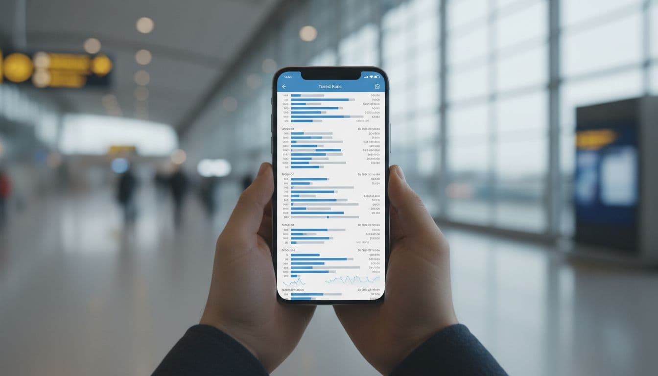 Close-up of hands holding a smartphone displaying stylized flight search results with abstract data bars. A blurry airport terminal with rows of seating serves as the bright, airy background.
