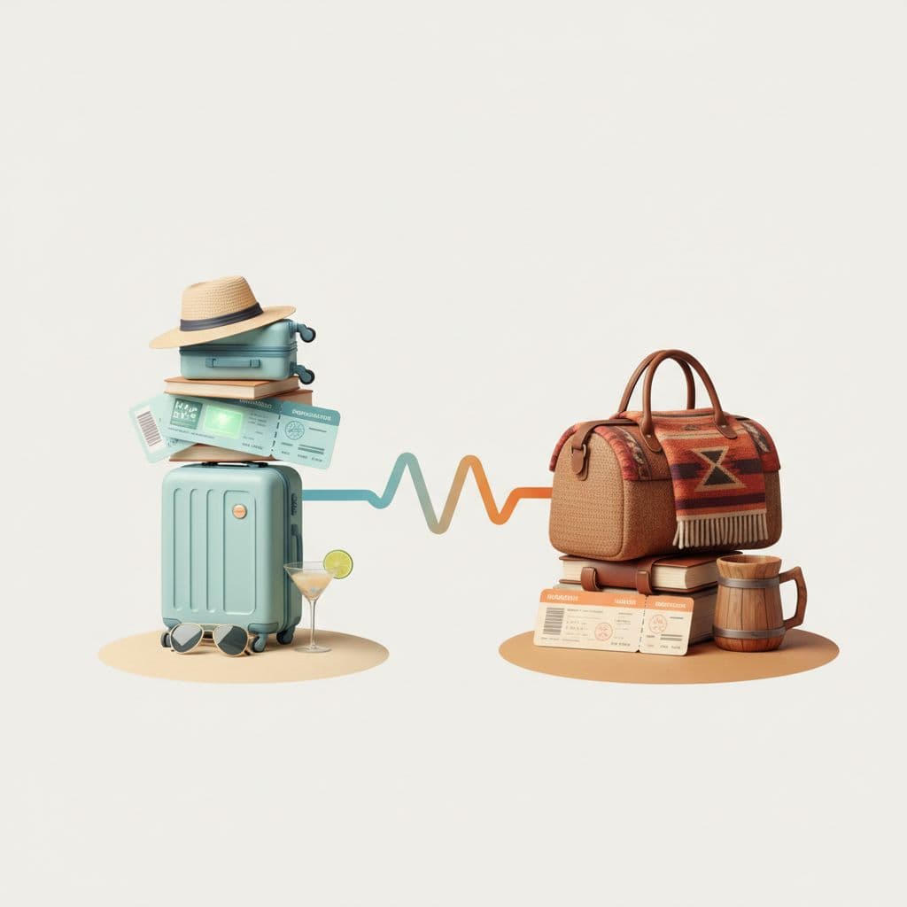 Two distinct stacks of travel gear featuring vintage suitcases and boarding passes against a soft minimalist backdrop illustrating vacation planning comparison.