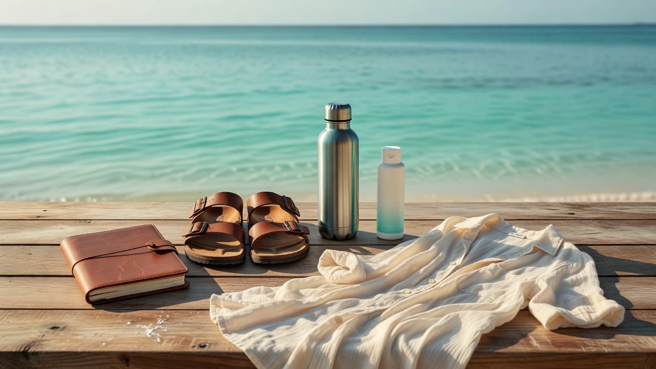 A wooden table displays a journal, sandals, water bottle, sunscreen, and light cloth with blurred turquoise Caribbean ocean view providing peaceful background for trip planning.