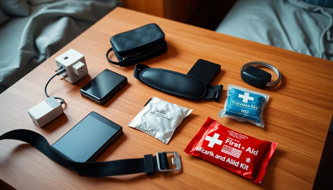 Tech and safety gear laid out on a hostel table: universal adapter, power bank, money belt, portable lock, travel first aid kit.
