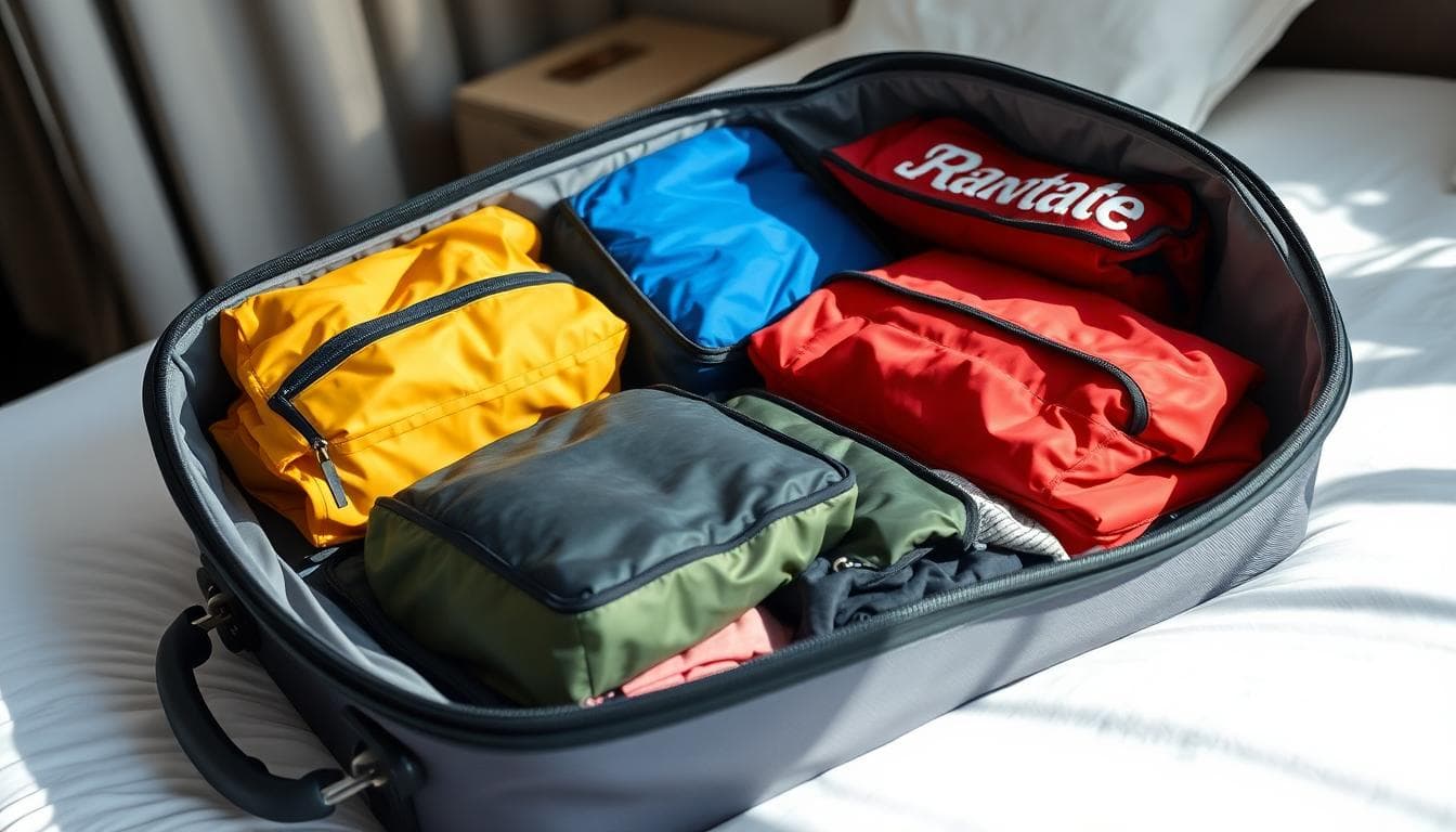 Open suitcase neatly organized with colorful compression packing cubes on a hotel bed, natural light highlighting textures and zippers. Image created with AI