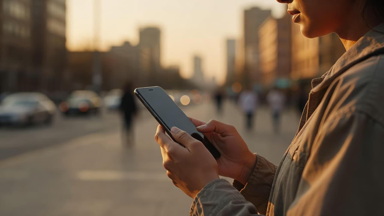 A person holds a smartphone in their hands displaying a travel booking interface against a softly blurred city street with warm golden hour light enhancing the scene.