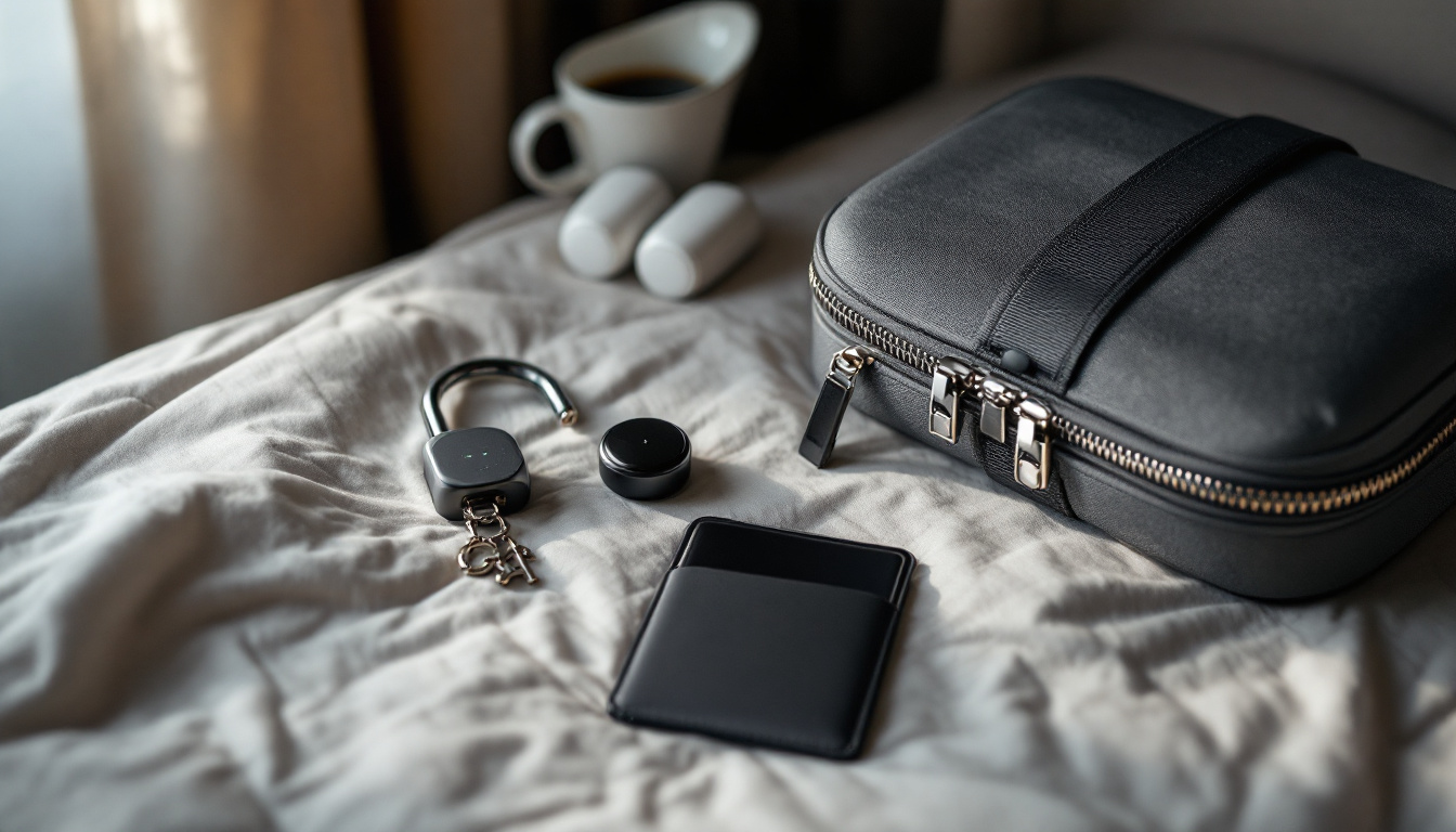Close-up of travel safety items on a hotel desk