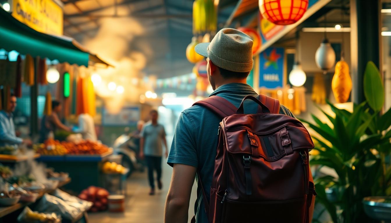 Traveler with a 40L backpack walking through a vibrant Southeast Asia market at dawn, colorful stalls, steam rising from street food in golden morning light.