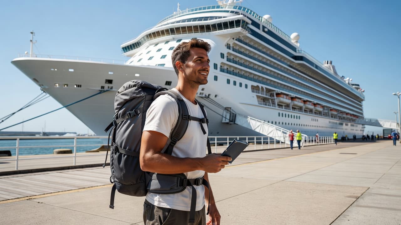 A traveler stands at a sunny cruise terminal holding a passport, wearing a streamlined travel backpack with a massive white cruise ship in the background.