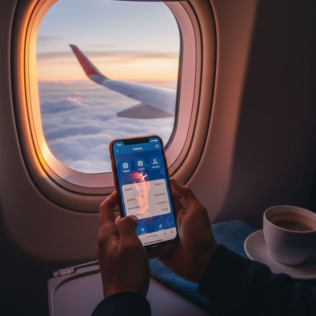 A passenger holds a smartphone showing a travel app while seated by an airplane window.