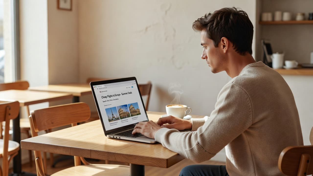 A traveler sits at a wooden cafe table focused on their laptop screen to research flight deals with a steaming ceramic coffee mug nearby in soft natural morning sunlight.