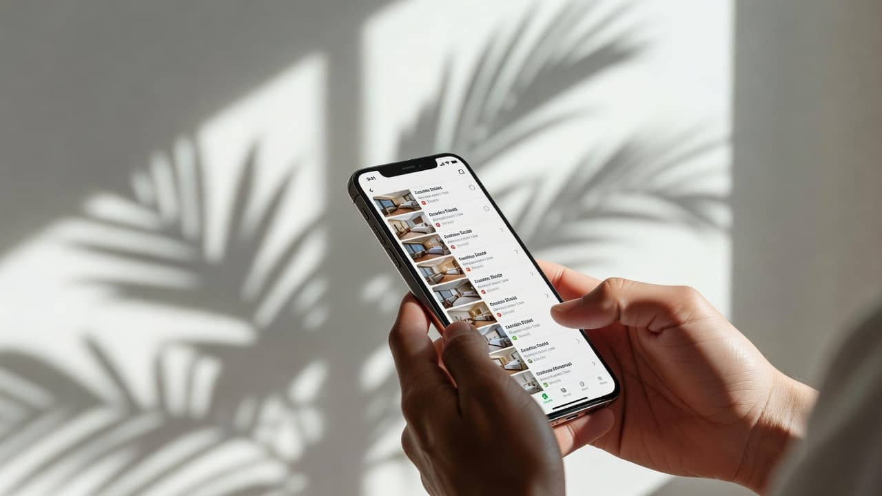 A person holds a sleek smartphone in a sunlit room focusing on the screen interface with soft palm tree shadows falling across the background emphasizing a relaxed vacation planning atmosphere.