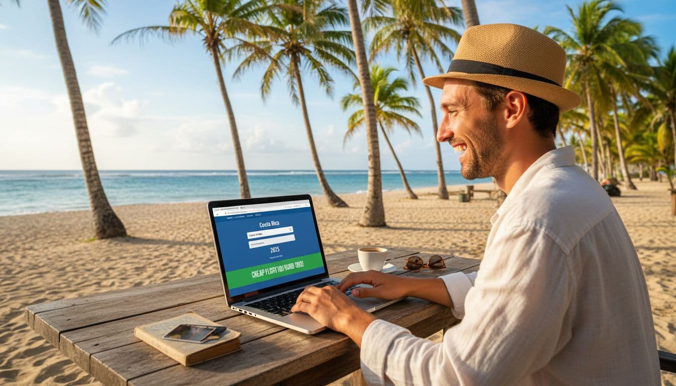 Traveler at a beachside cafe in Costa Rica checking flight deals on a laptop, palm trees and blue water in the background