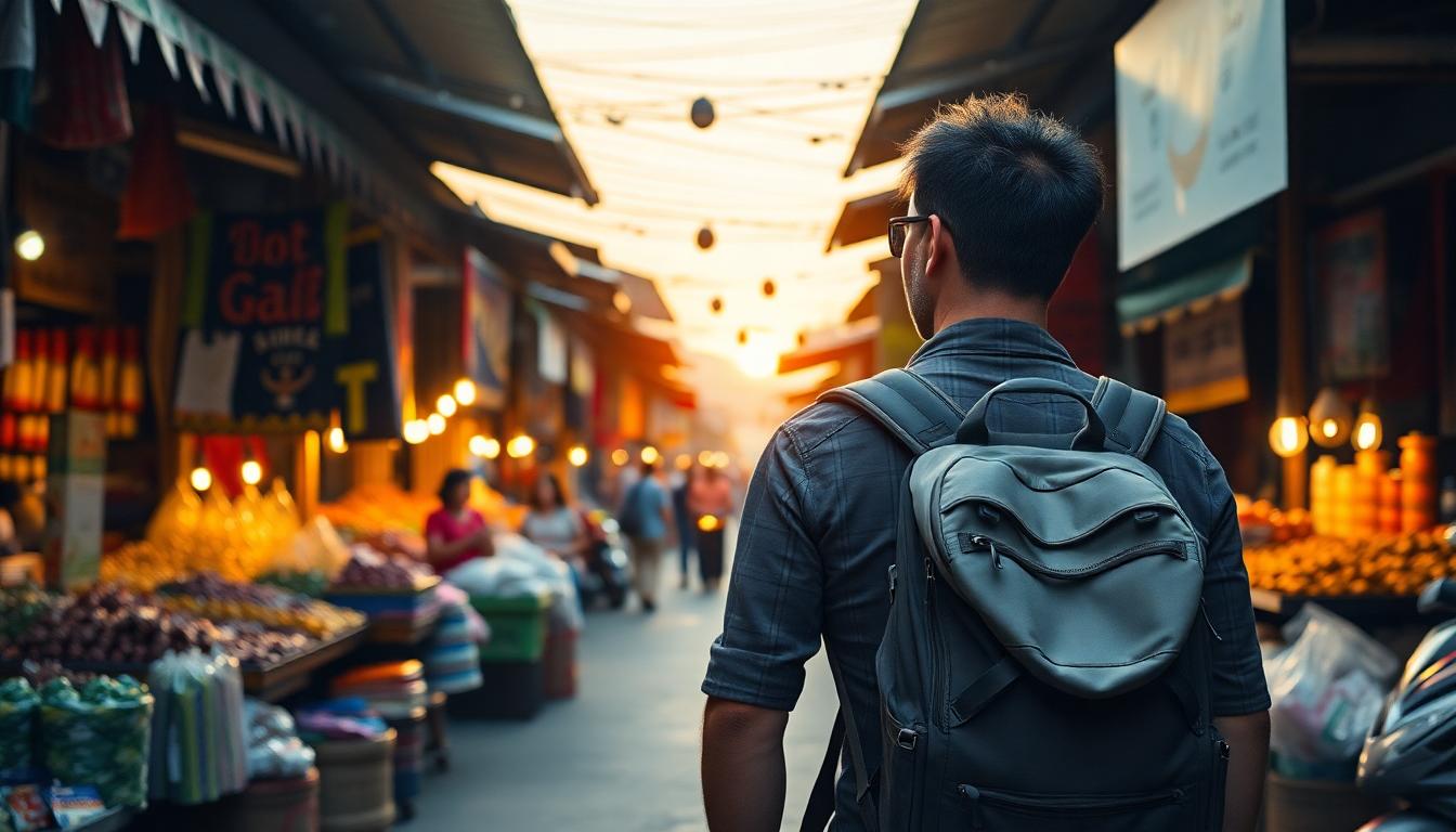 Daypack and compact travel gear with eco-friendly bottles, lightweight towel, and toiletries for Southeast Asia, lush market background.