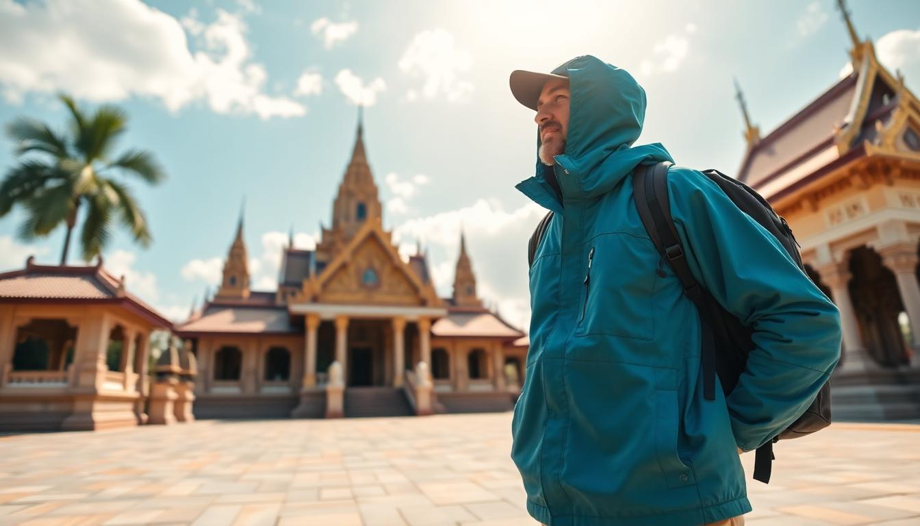 Traveler in lightweight, quick-dry clothes and a rain jacket, with sandals and backpack near a Southeast Asia temple.