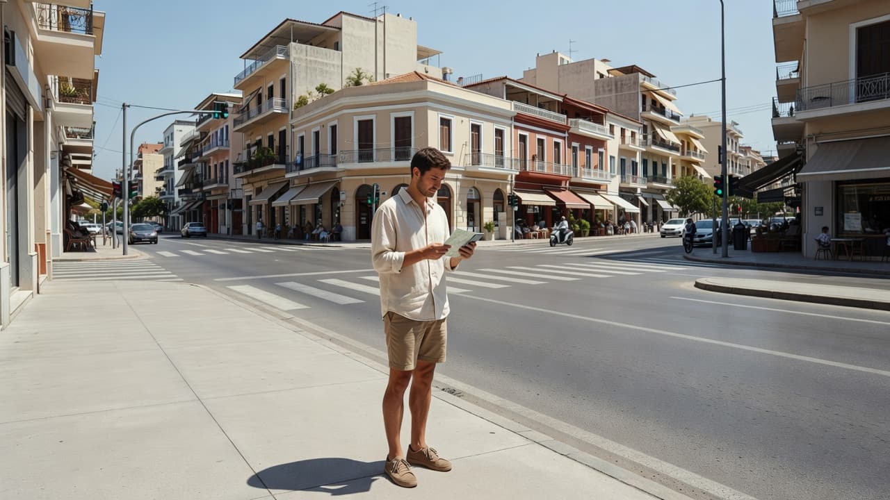 A traveler stands on a clean city sidewalk in Greece, intently checking a mobile map under bright sunlight.