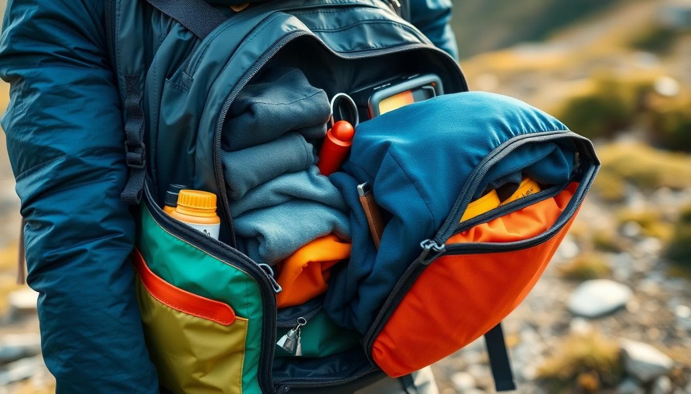 Traveler organizing a backpack with colorful cubes and compact tools in natural light