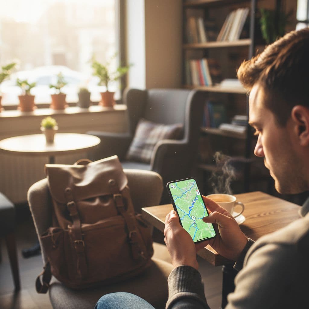 A person looks at a digital map on a smartphone inside a sunlit coffee shop.