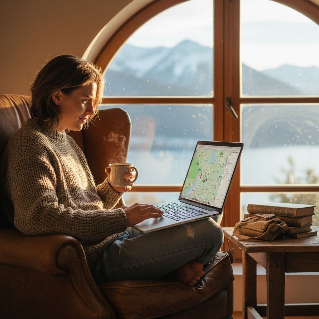 A focused traveler sits in a comfortable chair while viewing a map on a laptop screen.