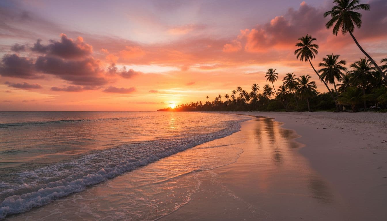 A vibrant golden sun descends over a calm turquoise ocean with silhouetted palm trees framing the sandy shoreline during a tranquil evening.