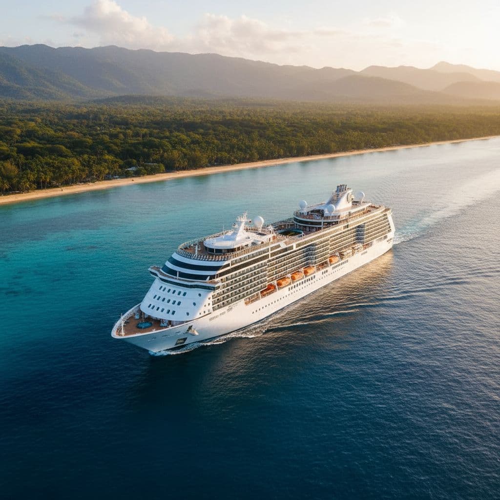 Tropical Caribbean coastline with cruise ship