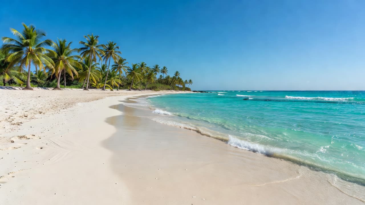 A wide stretch of powdery white sand meets crystal clear turquoise water under a bright sun with lush green palm trees swaying gently near the shoreline.