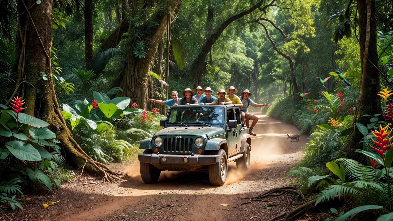 A rugged four-wheel drive vehicle carries a group of passengers along a narrow dirt path through a vibrant tropical jungle with towering palm trees.