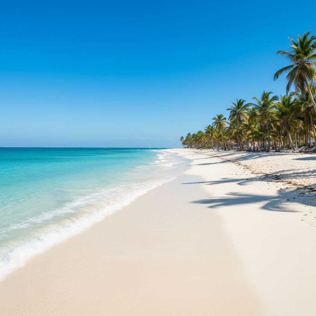 Soft white sand lines the edge of clear turquoise water under a vibrant azure sky. Tall, lush green palm trees sway gently on the shore of this pristine Caribbean paradise.