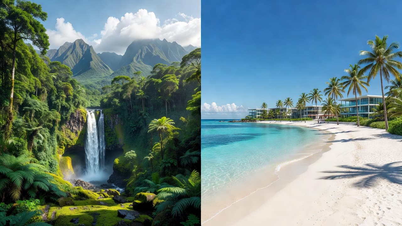 A vibrant split-screen image juxtaposes a dense tropical rainforest featuring jagged volcanic peaks and a cascading waterfall against a serene white sand beach lined with palm trees and modern luxury architecture.