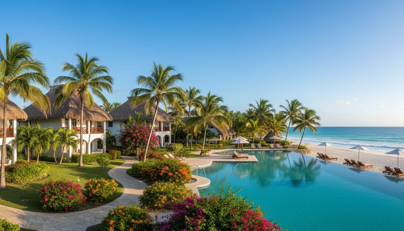 A luxury resort building surrounded by lush palm trees and vibrant tropical flowers under a clear sky.